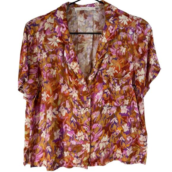 ASTR Tourist Button Down Top Rust Magenta Floral Camp Collar XS - Picture 4 of 8